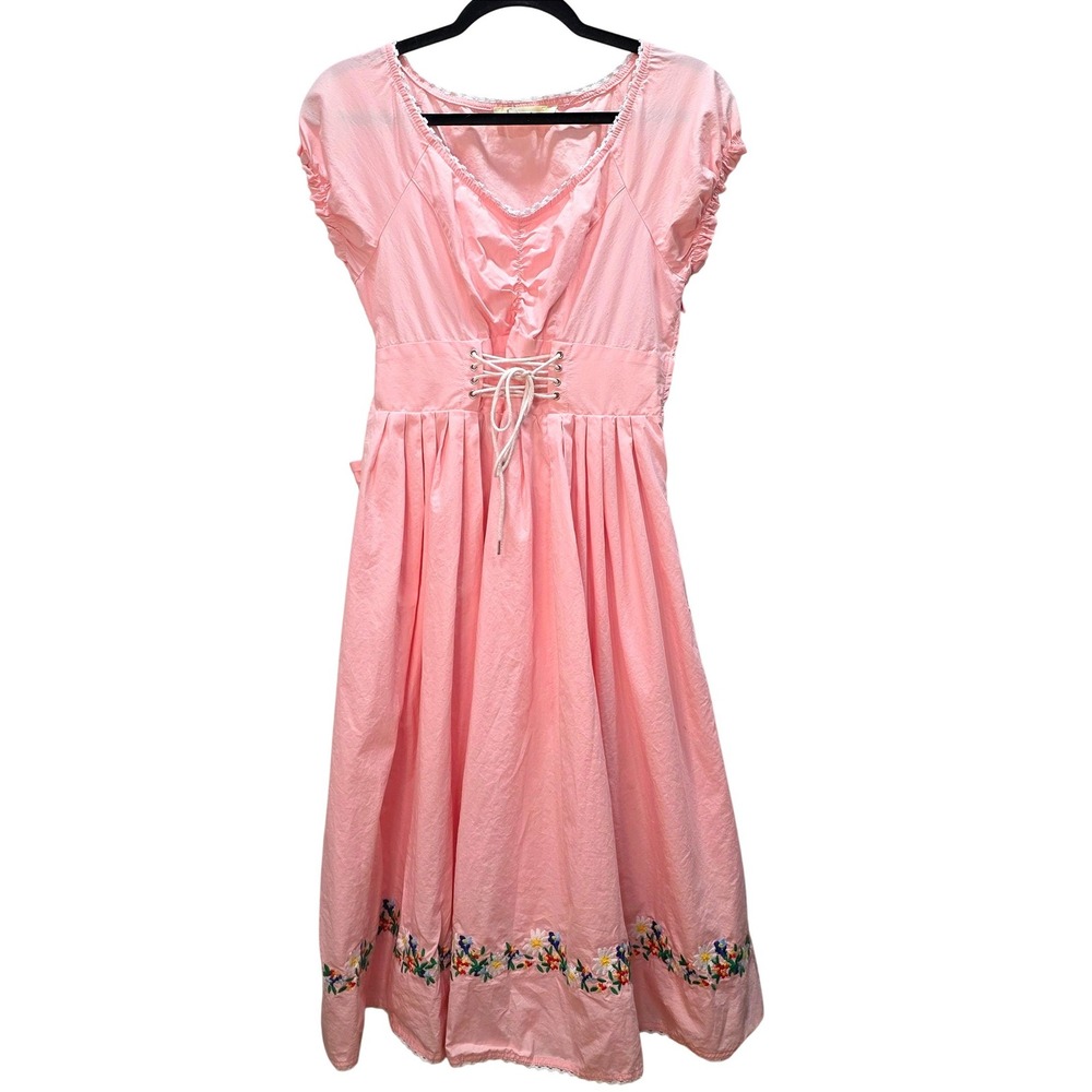 Vintage Aryeh Pink Floral Embroidered Lace Up Corset Milkmaid Midi Dress Pockets